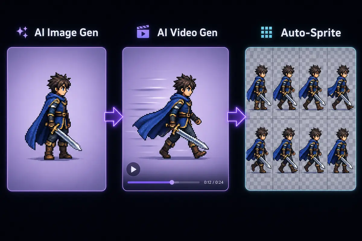 Sorceress Auto-Sprite workflow: a pixel-art character, an animated video of it walking, and the resulting sprite sheet