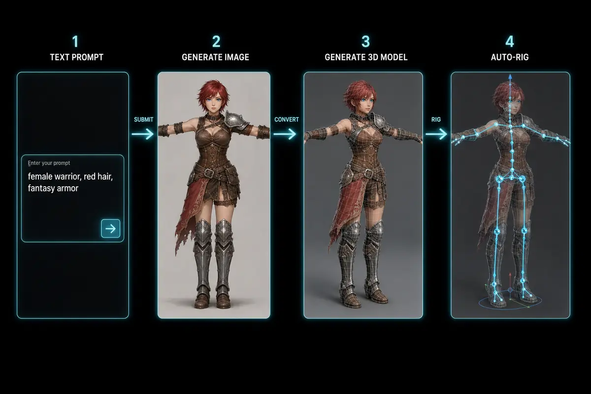 Four-step Sorceress workflow: text prompt, generated image, generated 3D model, auto-rigged skeleton
