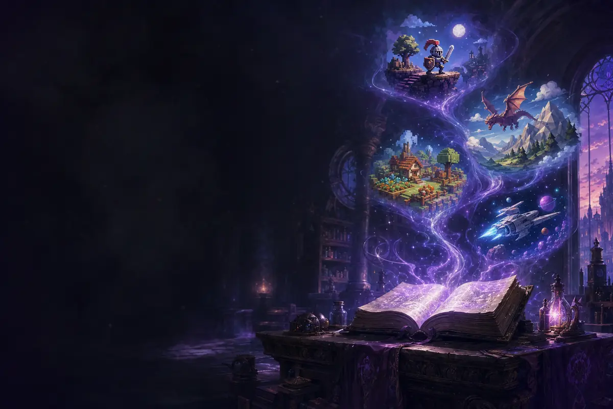Sorceress marketing art: an open spellbook with pixel-art game worlds rising from it
