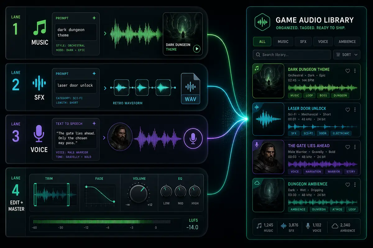 Sorceress Sound Studio: four lanes for music, SFX, voice and mastering, feeding a tagged game audio library