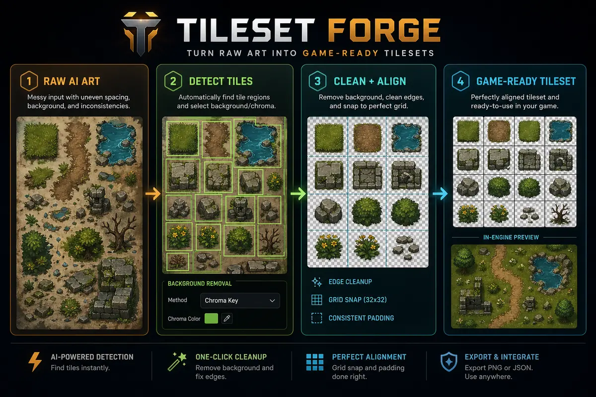 Tileset Forge workflow: raw AI art, detected tile regions, cleaned and aligned tiles, finished game-ready tileset
