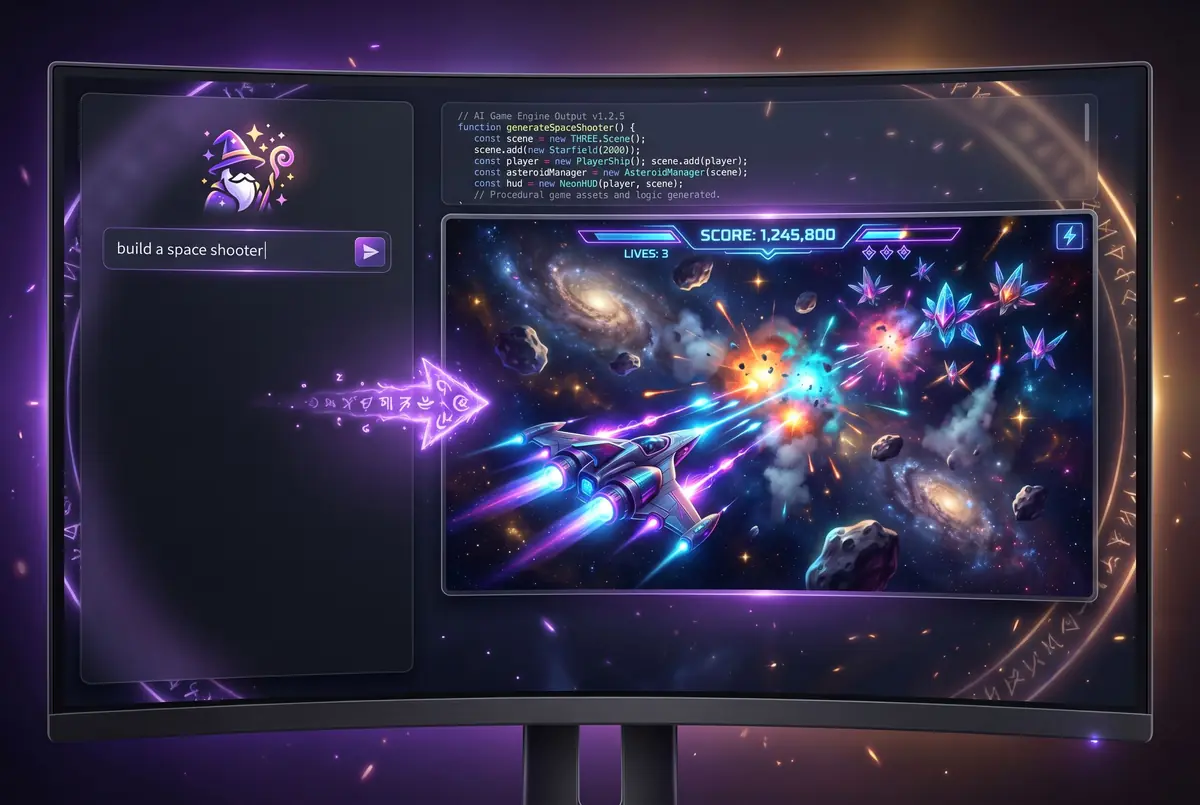 WizardGenie: a prompt box reading 'build a space shooter' beside generated code and a running browser game